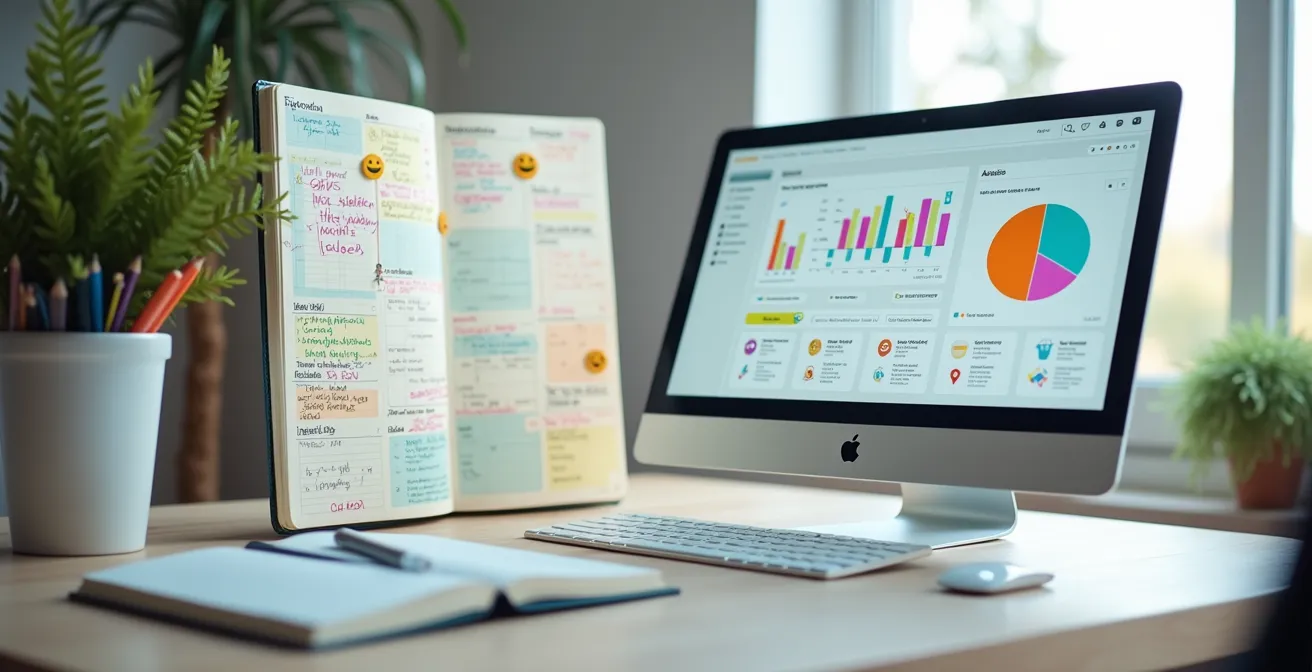 Comparaison visuelle entre un carnet manuscrit et une application mobile, mettant en avant la dimension émotionnelle et analytique de chaque méthode.