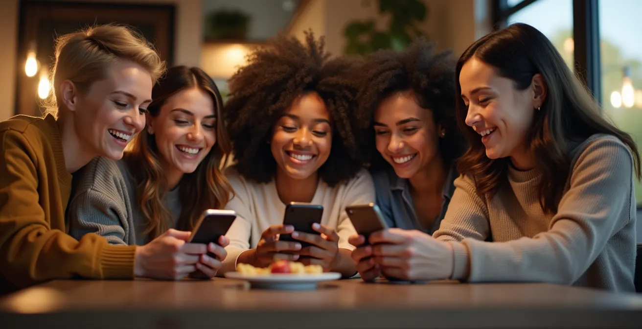 Groupe d’amis utilisant des smartphones pour gérer ensemble des dépenses partagées, dans une ambiance conviviale et détendue