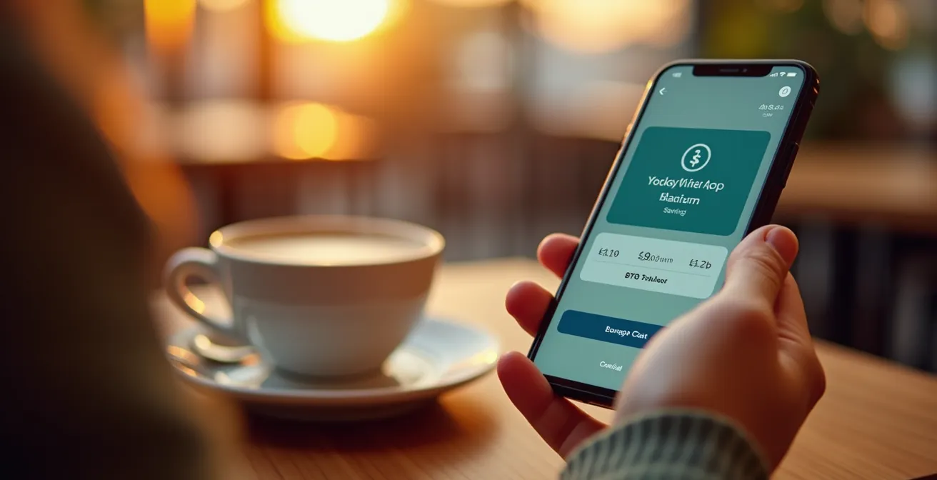 Une main tenant un café à côté d’un smartphone affichant une application d’arrondi automatique pour épargne