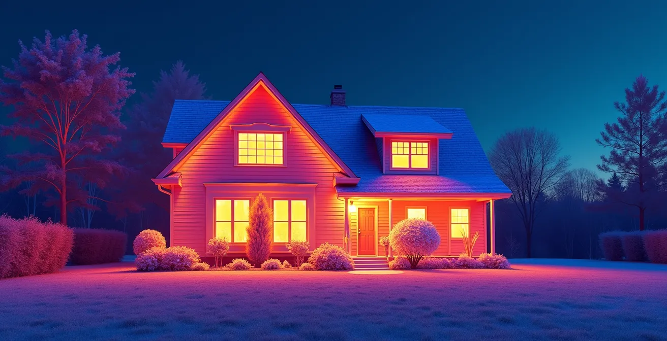 Image thermique montrant les pertes de chaleur par des combles et fenêtres mal isolés dans une maison