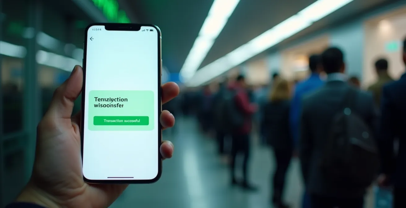Illustration comparant deux mondes opposés : d'un côté une application mobile moderne et fluide, de l'autre une file d'attente dans une agence bancaire traditionnelle.