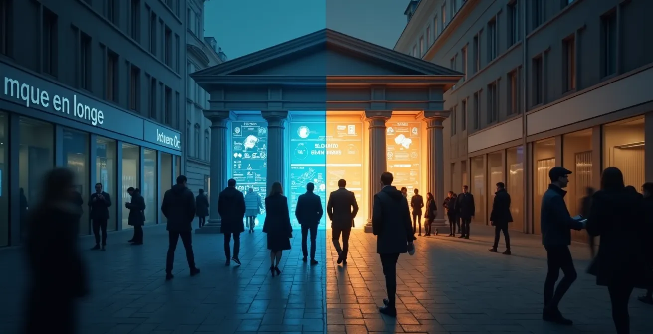 Comparaison visuelle symbolique entre banque en ligne et banque traditionnelle avec éléments tarifaires et services