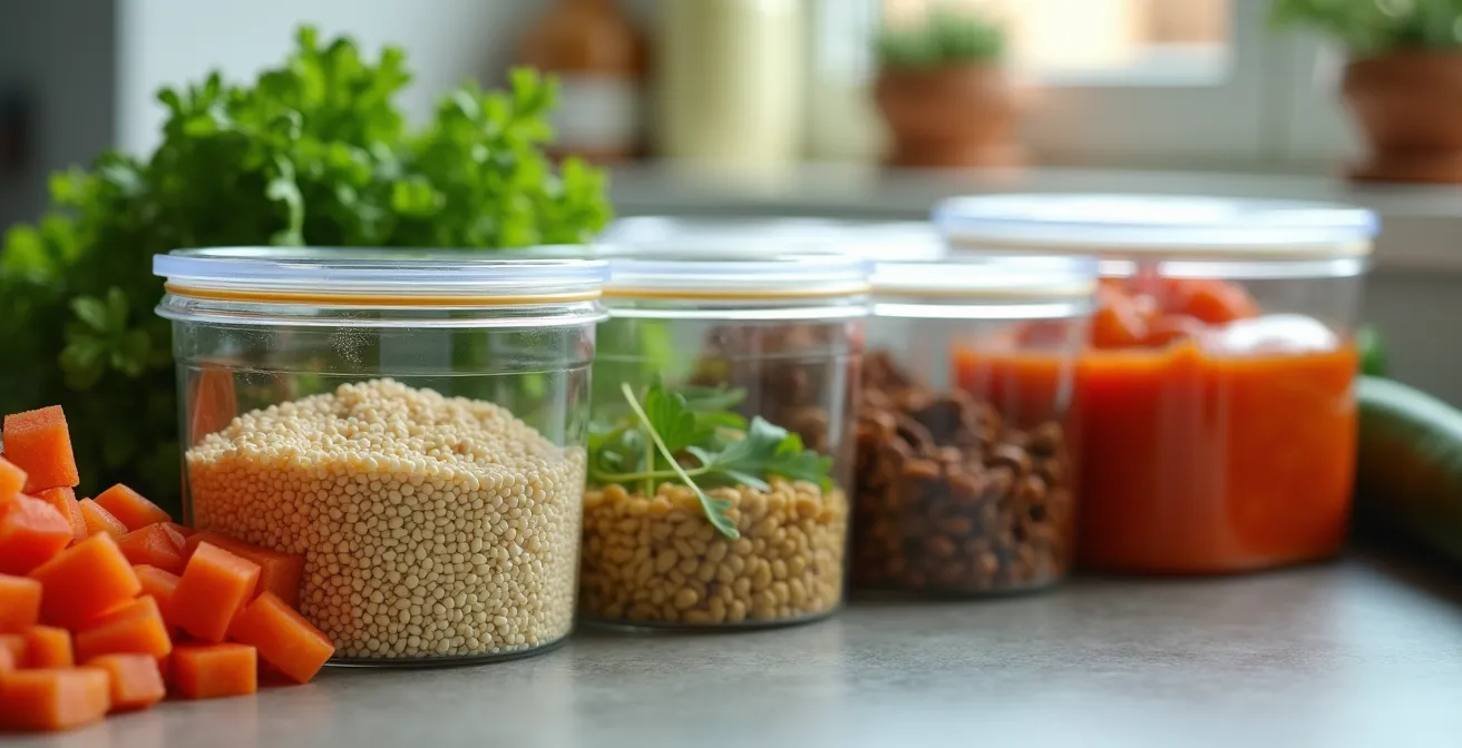 Image illustrant la préparation d'ingrédients pour le batch cooking avec des contenants hermétiques et aliments variés prêts à être stockés