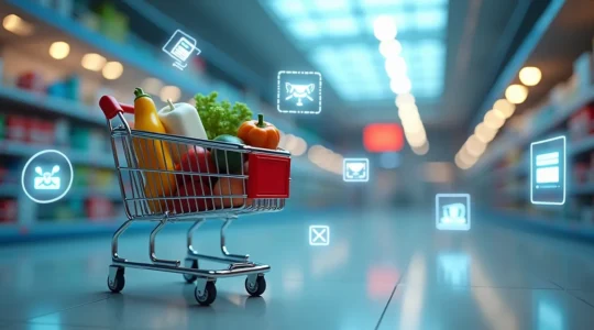 Illustration représentant un caddie digital rempli de produits avec des icônes de bons de réduction flottant autour