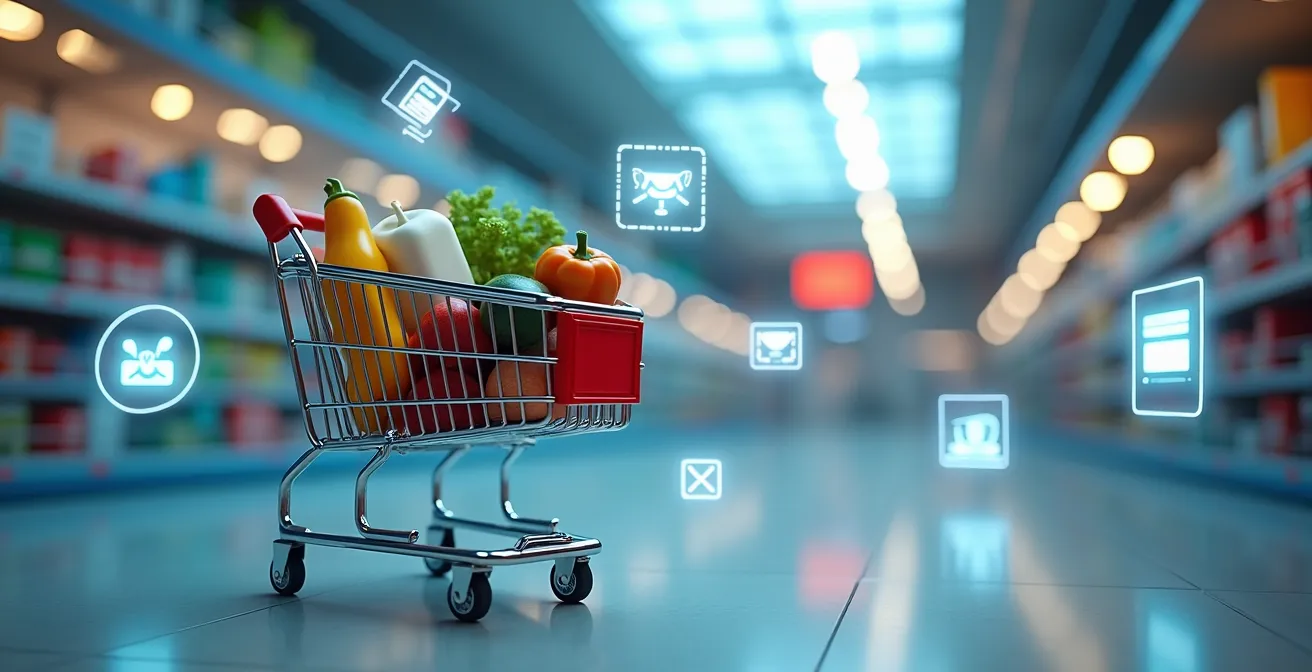 Illustration représentant un caddie digital rempli de produits avec des icônes de bons de réduction flottant autour