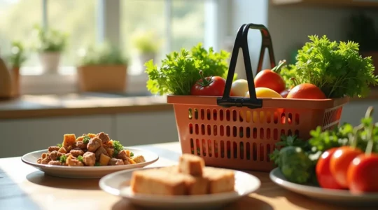 Image représentant un panier de courses à moitié rempli avec des aliments variés et des ingrédients cuisinés en arrière-plan, symbolisant l'économie du supermarché à l'assiette