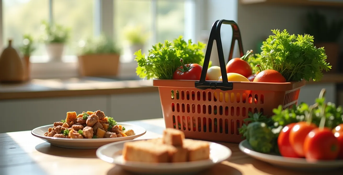 Image représentant un panier de courses à moitié rempli avec des aliments variés et des ingrédients cuisinés en arrière-plan, symbolisant l'économie du supermarché à l'assiette