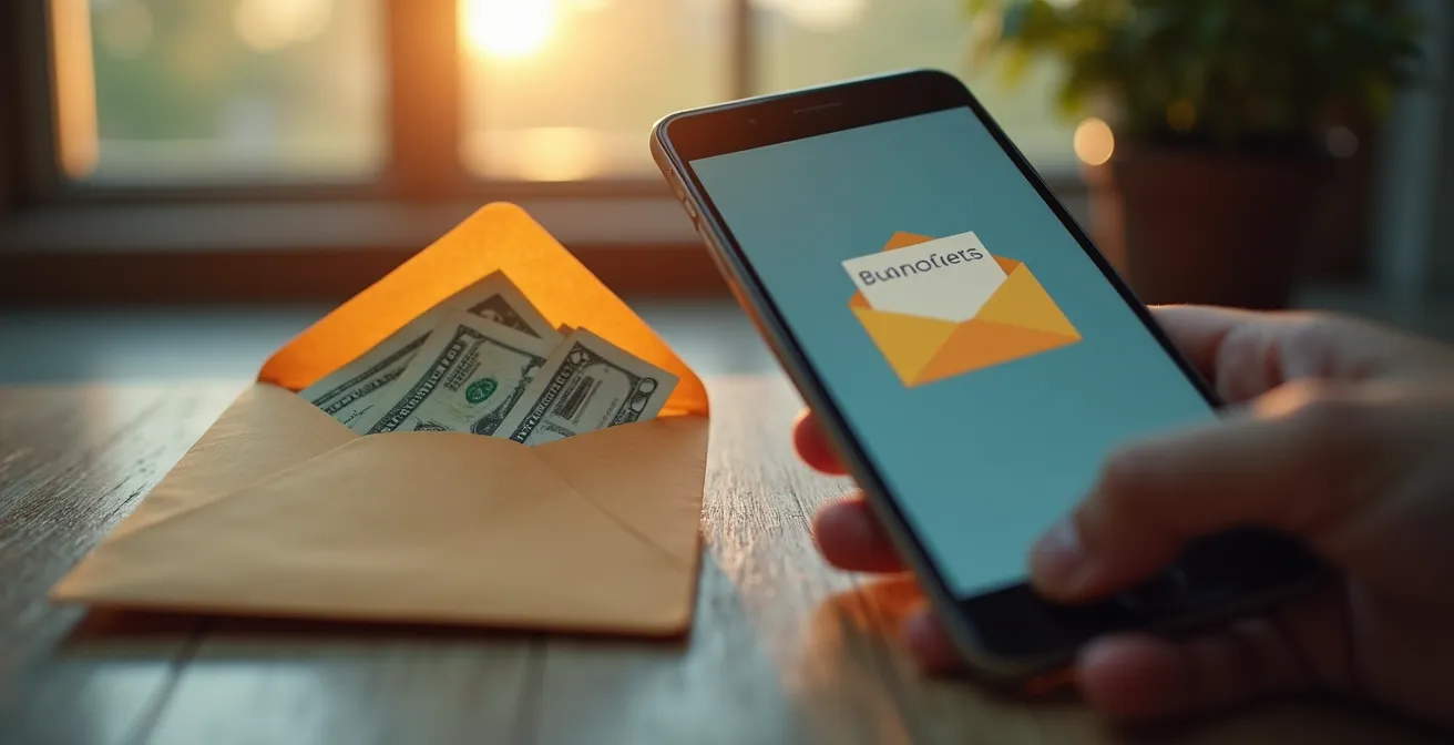 Des enveloppes physiques remplies d'argent et un smartphone affichant des sous-comptes pour budget hybride