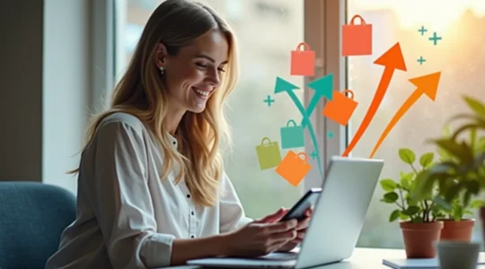 Représentation symbolique d'un système de cashback avec un client heureux recevant un remboursement sur ses achats en ligne