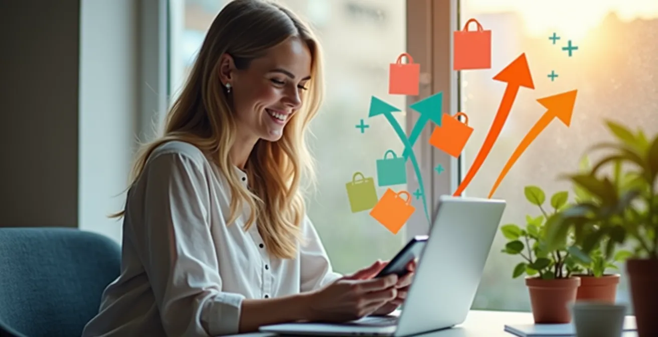Représentation symbolique d'un système de cashback avec un client heureux recevant un remboursement sur ses achats en ligne