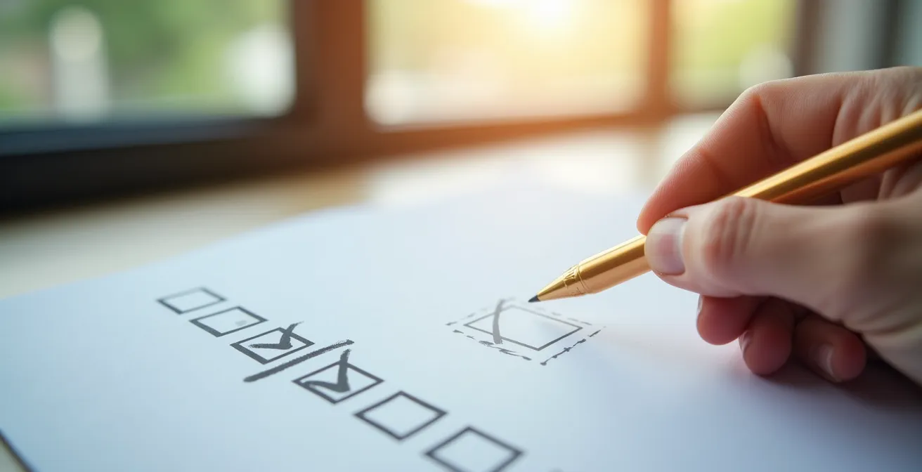 Image d’une main tenant une liste de contrôle claire et organisée sur fond minimaliste évoquant le contrôle et la réflexion avant achat