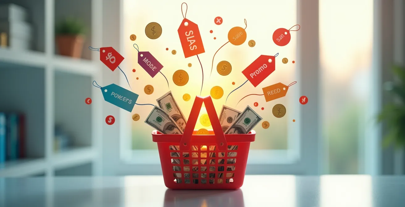 Visualisation graphique d'un combo gagnant entre soldes, codes promo et cashback avec symboles d'argent et réductions