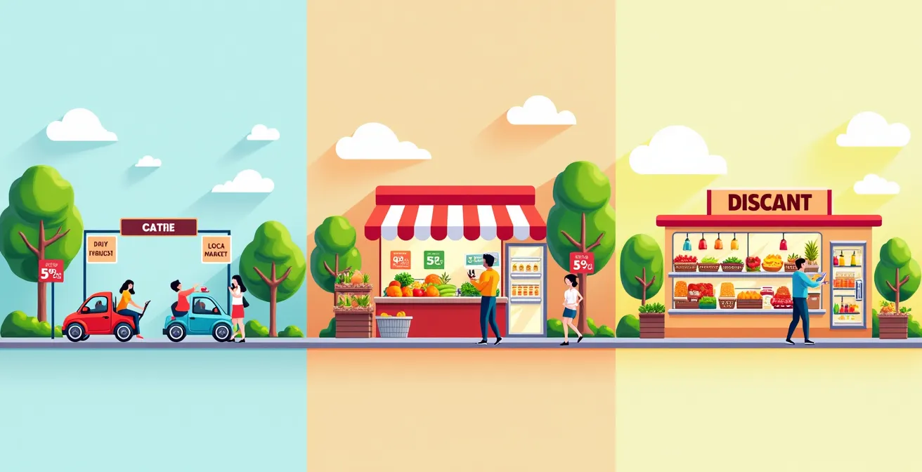 Illustration comparant les avantages du drive, marché local et hard-discount pour économiser sur les courses