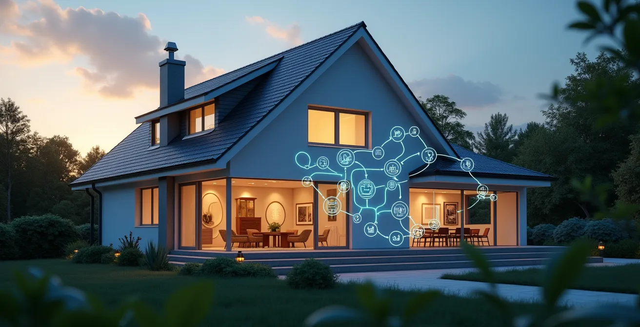 Une maison moderne avec des éléments graphiques représentant la gestion intelligente de l'énergie et la réduction des factures