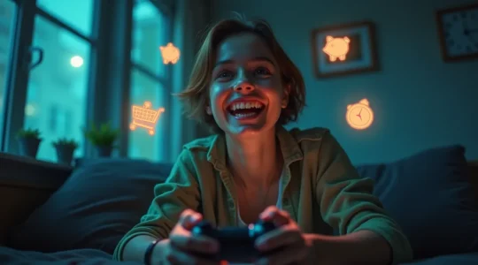 Illustration symbolique d'une personne jouant à un jeu vidéo avec des icônes de dépenses et d'économies financières autour