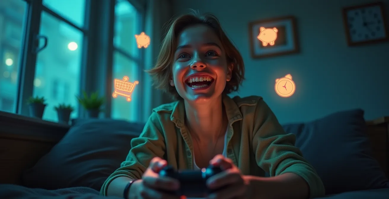 Illustration symbolique d'une personne jouant à un jeu vidéo avec des icônes de dépenses et d'économies financières autour