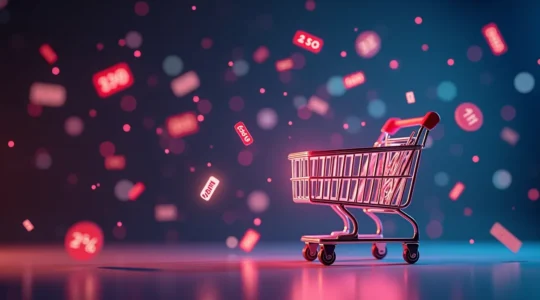 Représentation symbolique d'un panier d'achat en ligne entouré de codes promo et symboles de réduction