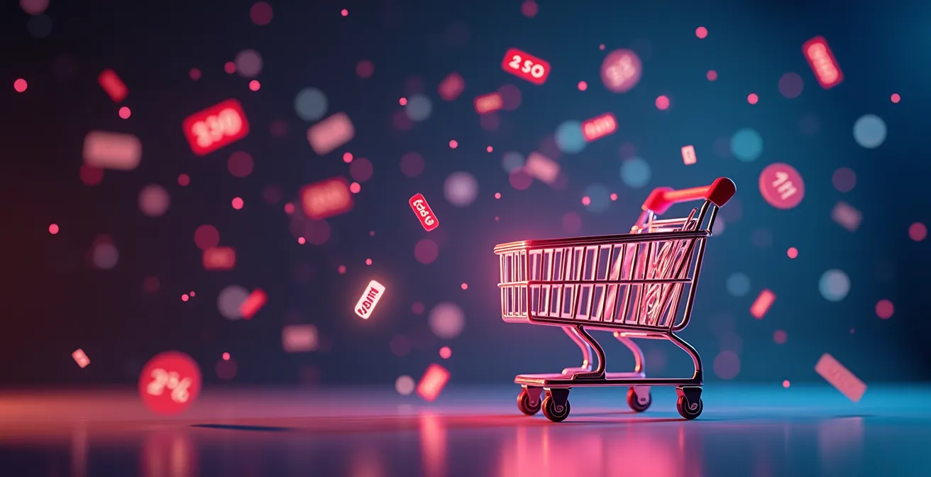Représentation symbolique d'un panier d'achat en ligne entouré de codes promo et symboles de réduction