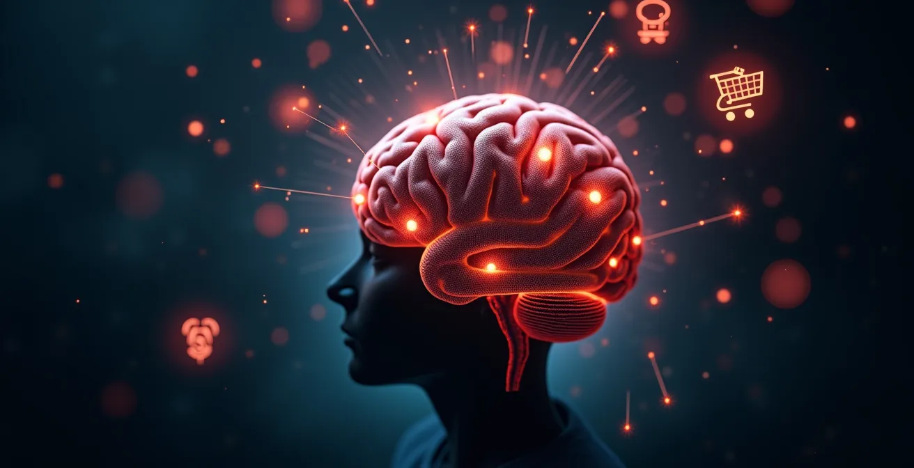 Représentation symbolique de dopamine et du cerveau humain avec un compte à rebours et des icônes de shopping