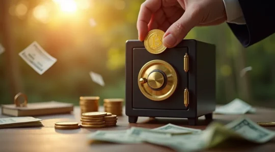 Image symbolique montrant une main plaçant une pièce d'or dans une tirelire en forme de coffre-fort, entourée d'éléments financiers tels que des graphiques, des billets et un bouclier protégeant l'argent
