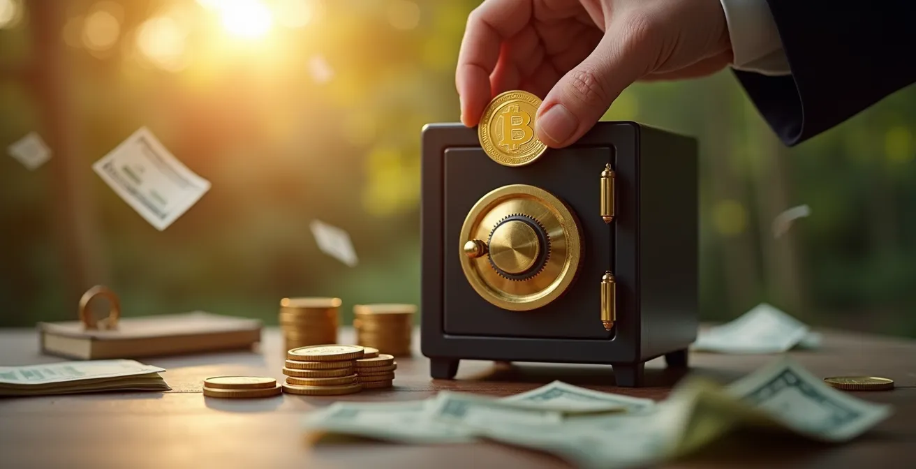 Image symbolique montrant une main plaçant une pièce d'or dans une tirelire en forme de coffre-fort, entourée d'éléments financiers tels que des graphiques, des billets et un bouclier protégeant l'argent
