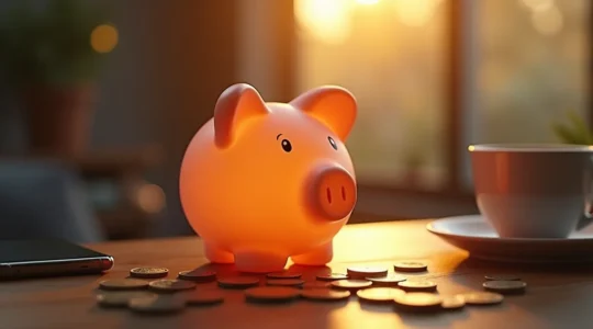 Une scène symbolique montrant une tirelire digitale avec des pièces de monnaie qui s'accumulent automatiquement, entourée d'objets du quotidien comme un café et un smartphone