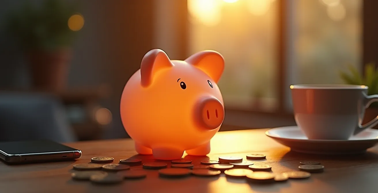 Une scène symbolique montrant une tirelire digitale avec des pièces de monnaie qui s'accumulent automatiquement, entourée d'objets du quotidien comme un café et un smartphone