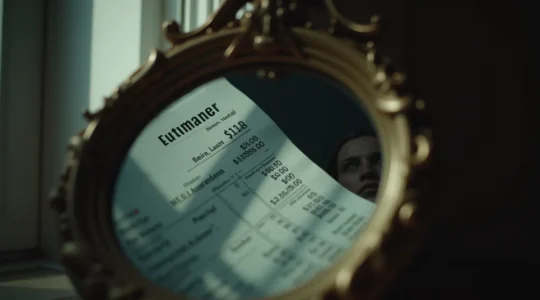 Image représentant un relevé de compte reflété dans un miroir avec une silhouette humaine en arrière-plan, illustrant le lien entre dépenses et personnalité.