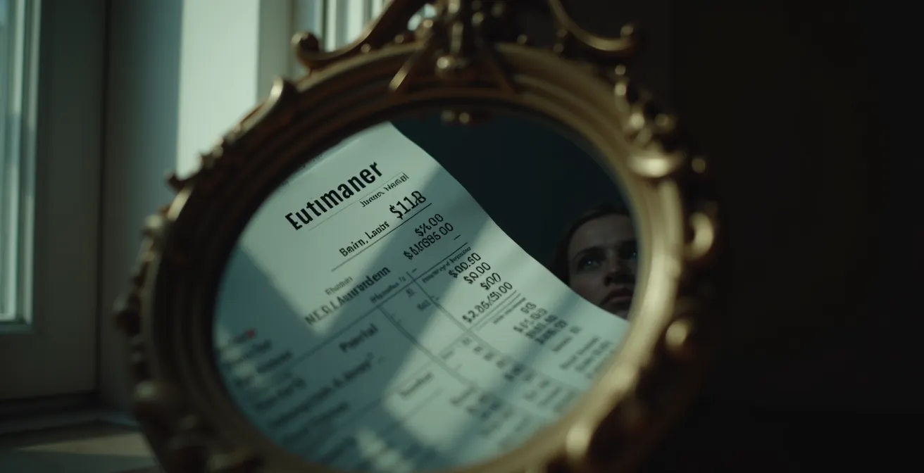 Image représentant un relevé de compte reflété dans un miroir avec une silhouette humaine en arrière-plan, illustrant le lien entre dépenses et personnalité.