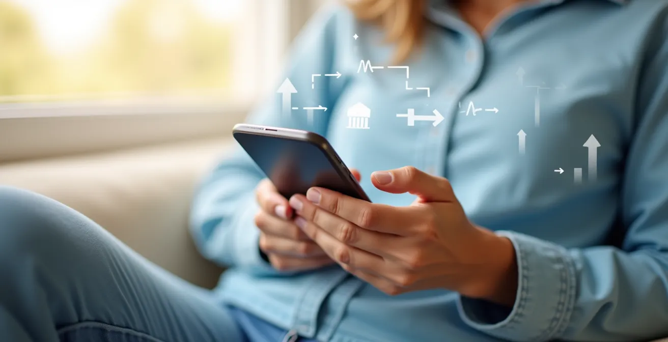 Illustration montrant une personne sereine utilisant une application bancaire pour gérer automatiquement son changement de banque