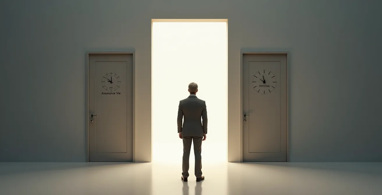 Illustration symbolique représentant un investisseur face à deux portes distinctes marquées PEA et Assurance-Vie, symbolisant le choix stratégique.