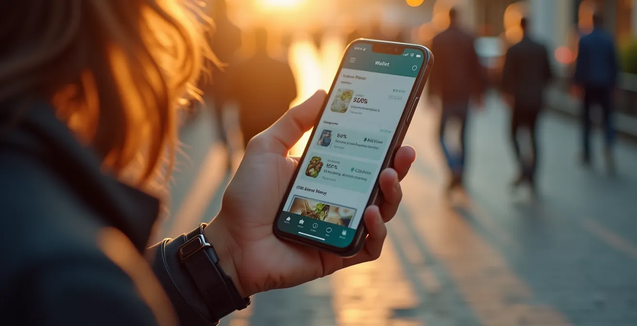 Smartphone affichant une application de bons de réduction avec notifications et portefeuille numérique