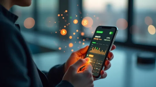 Un smartphone affichant une interface d'application de gestion financière avec graphiques et notifications, en arrière-plan des symboles d'argent et d'investissement.