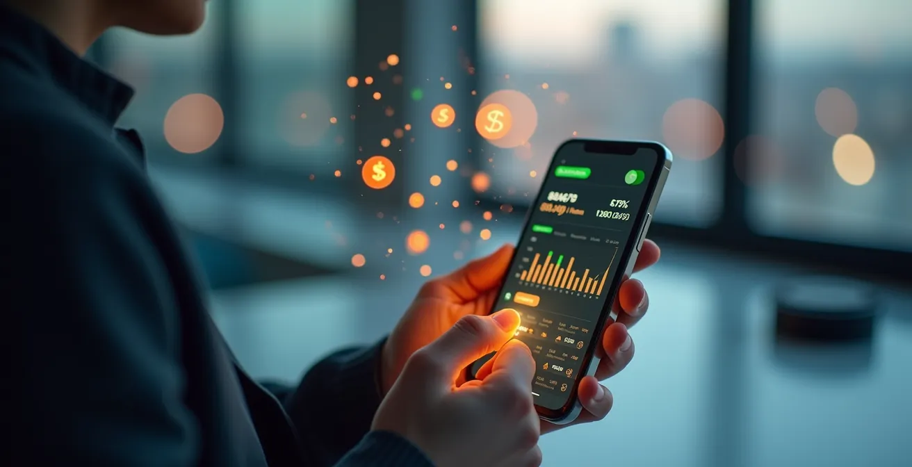 Un smartphone affichant une interface d'application de gestion financière avec graphiques et notifications, en arrière-plan des symboles d'argent et d'investissement.