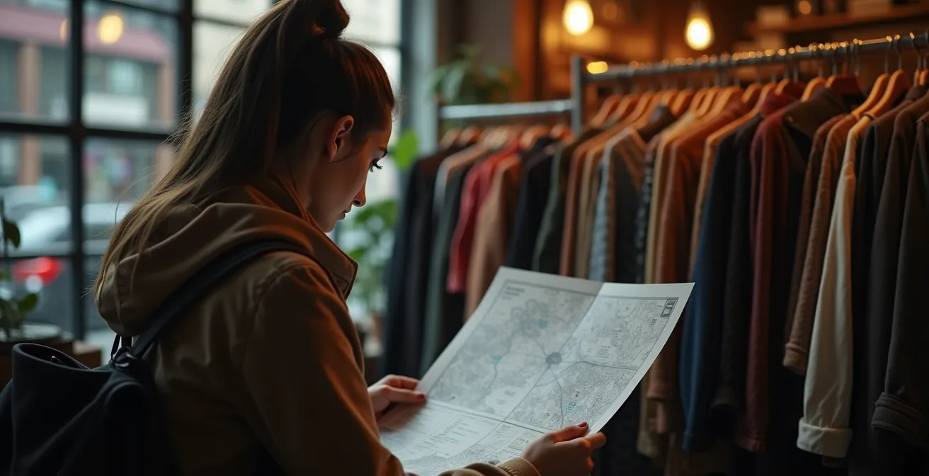 Une image symbolique montrant un consommateur préparant sa stratégie d'achat avec une carte et des notes, entouré de vêtements en soldes