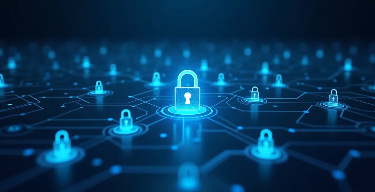 Image symbolisant la protection et la valorisation des données personnelles dans les programmes de fidélité, avec cadenas digital et flux de données