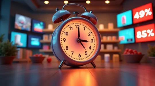 Une illustration montrant une horloge avec un compte à rebours autour de produits en promotion en ligne, symbolisant la pression temporelle et les achats impulsifs.