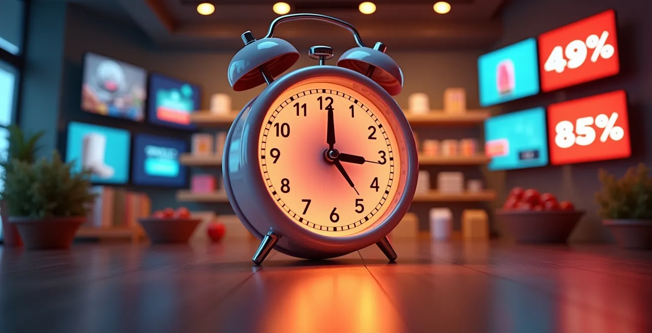 Une illustration montrant une horloge avec un compte à rebours autour de produits en promotion en ligne, symbolisant la pression temporelle et les achats impulsifs.