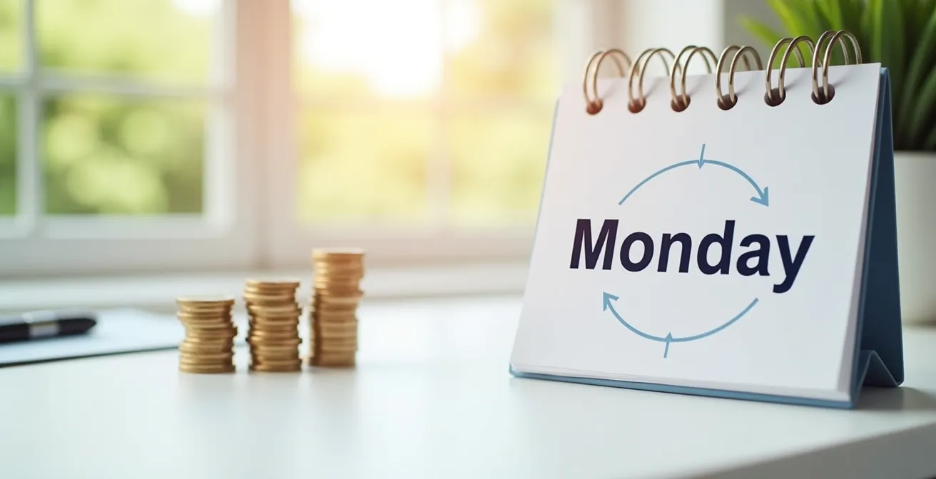 Un calendrier avec le lundi matin mis en évidence et des symboles de virement automatique et économies en arrière-plan