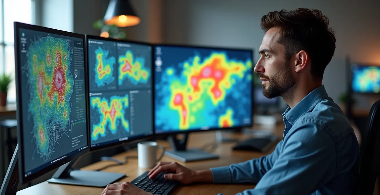 Personne analysant des données immobilières sur plusieurs écrans avec cartes et graphiques dans un bureau moderne