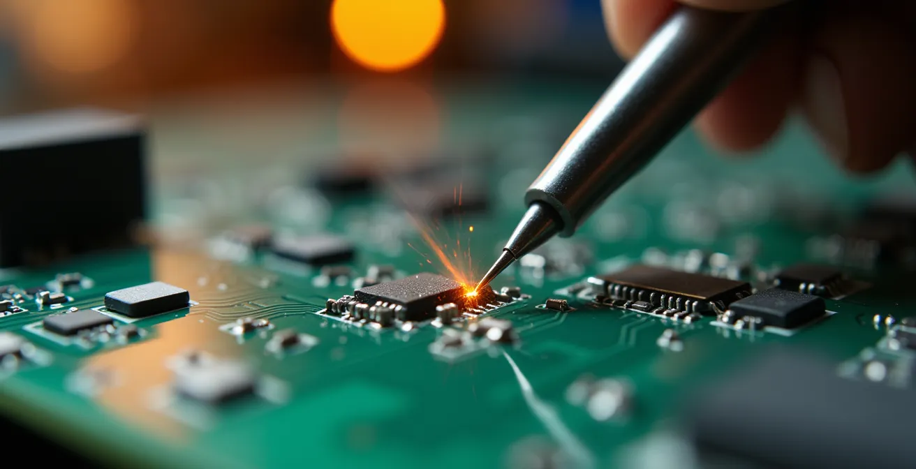 Vue macro d'un circuit électronique en cours de réparation avec outils de précision