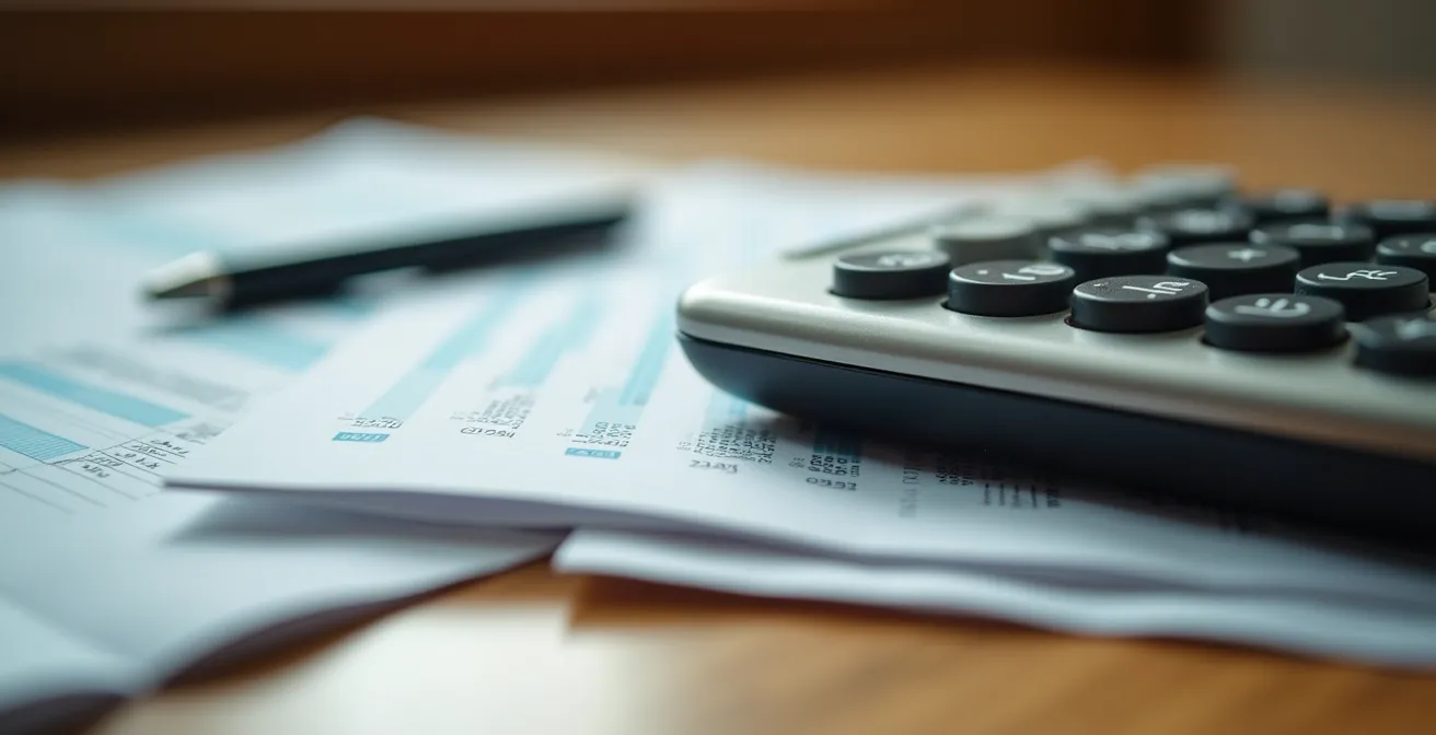 Vue macro d'une calculatrice et documents financiers sur bureau