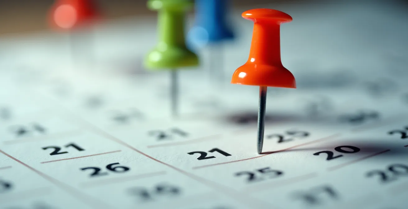 Vue macro d'un calendrier avec des marqueurs pour les moments clés