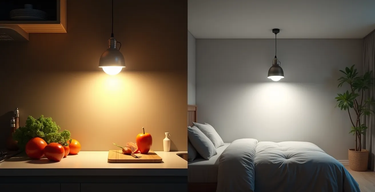 Comparaison visuelle de l'angle de diffusion LED entre un plan de travail de cuisine et une chambre