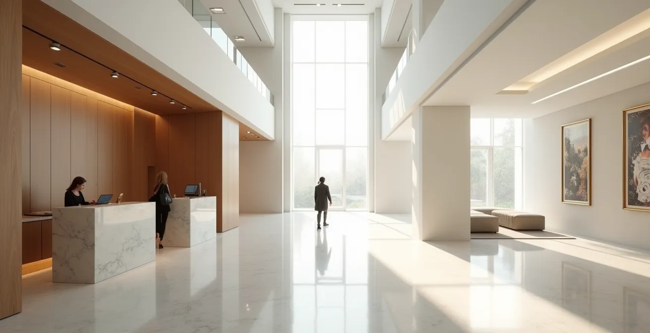 Vue minimaliste d'un espace bancaire moderne avec guichet traditionnel et espace digital