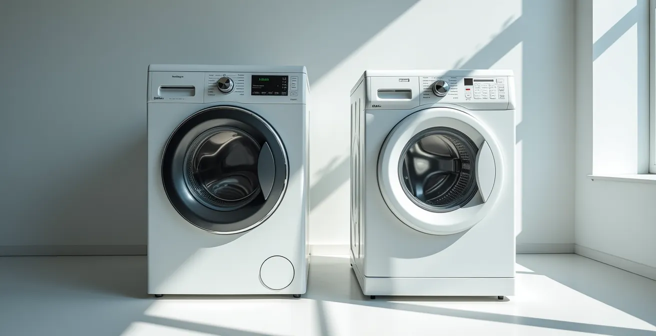 Comparaison visuelle de deux lave-linges avec leurs indices de réparabilité dans un showroom français