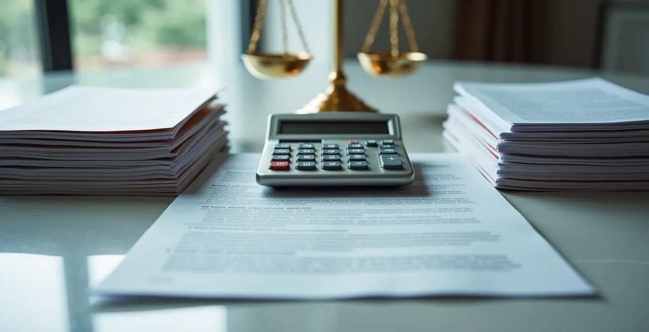 Bureau avec documents juridiques et calculatrice pour création SCI