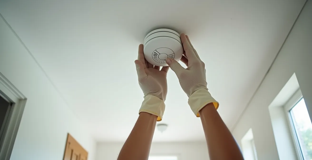 Installation d'un détecteur de fumée au plafond d'un couloir lumineux pour la sécurité habitation