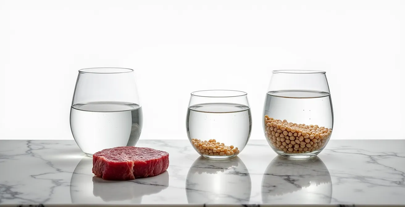 Comparaison visuelle de l'empreinte eau de différents aliments