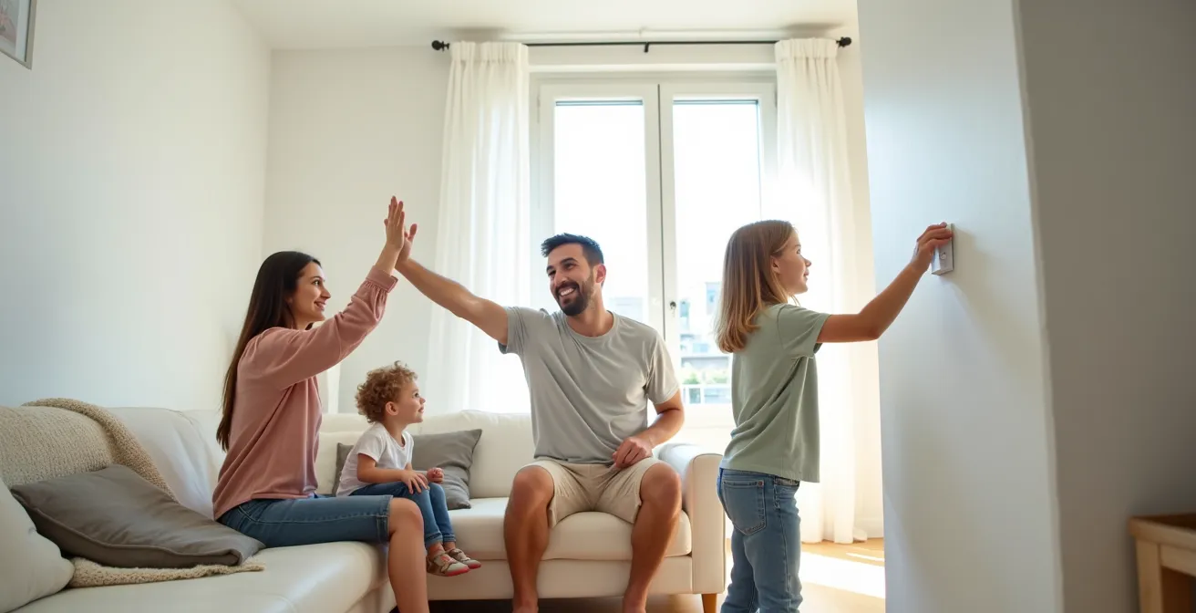 Famille française transformant les éco-gestes en activité ludique dans leur salon